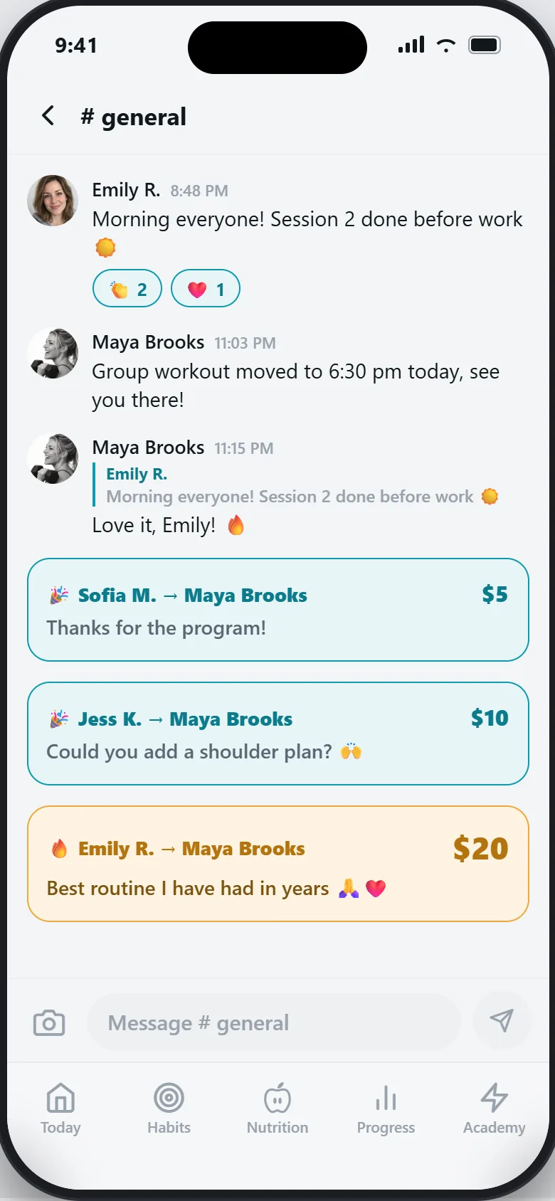 A channel inside a Sage club: members posting, reactions, and tips